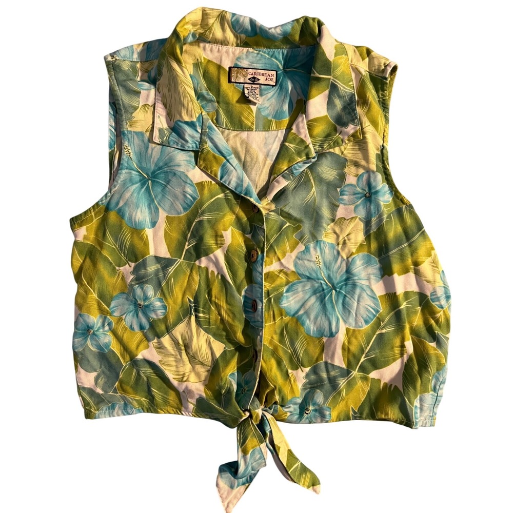 Caribbean Joe Women's Tropical Tie Front‎ Sleeveless Top Size L Rayon Hibiscus